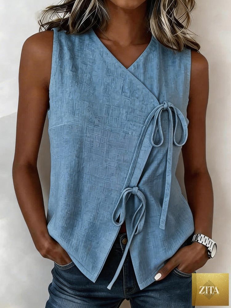 Sleeveless V-neck tank top with bow tie detail in five colors, from FitiqueFit, casualwear for S to XXL sizes.