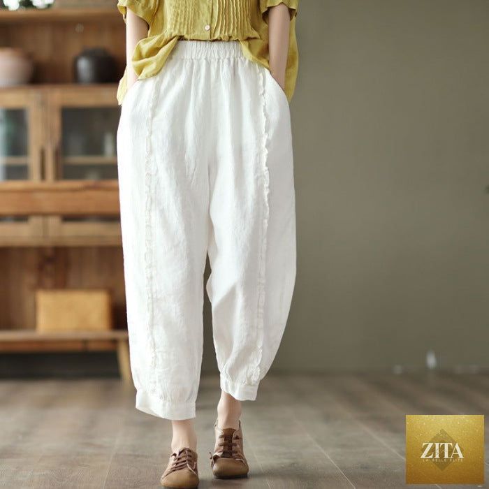 Women's high-waist solid-color capri harem pants by Zita La Belle Elite, casualwear style, shown on a model.