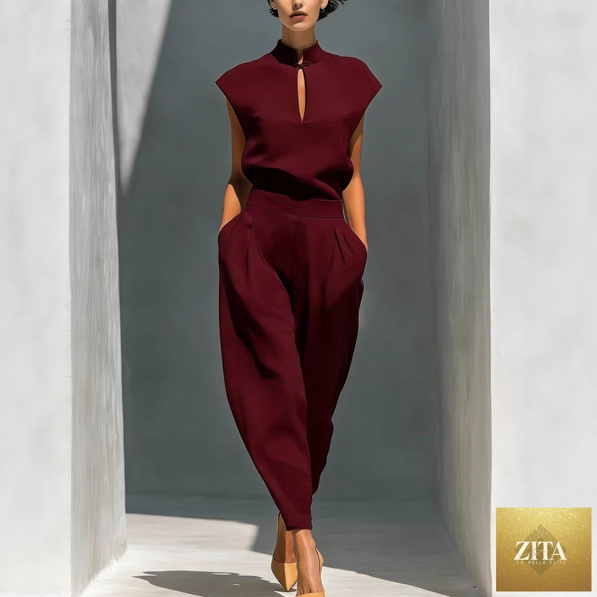 Women's satin Chinese-style short-sleeve top and pants set by Zita La Belle Elite, casualwear with elegant traditional design.