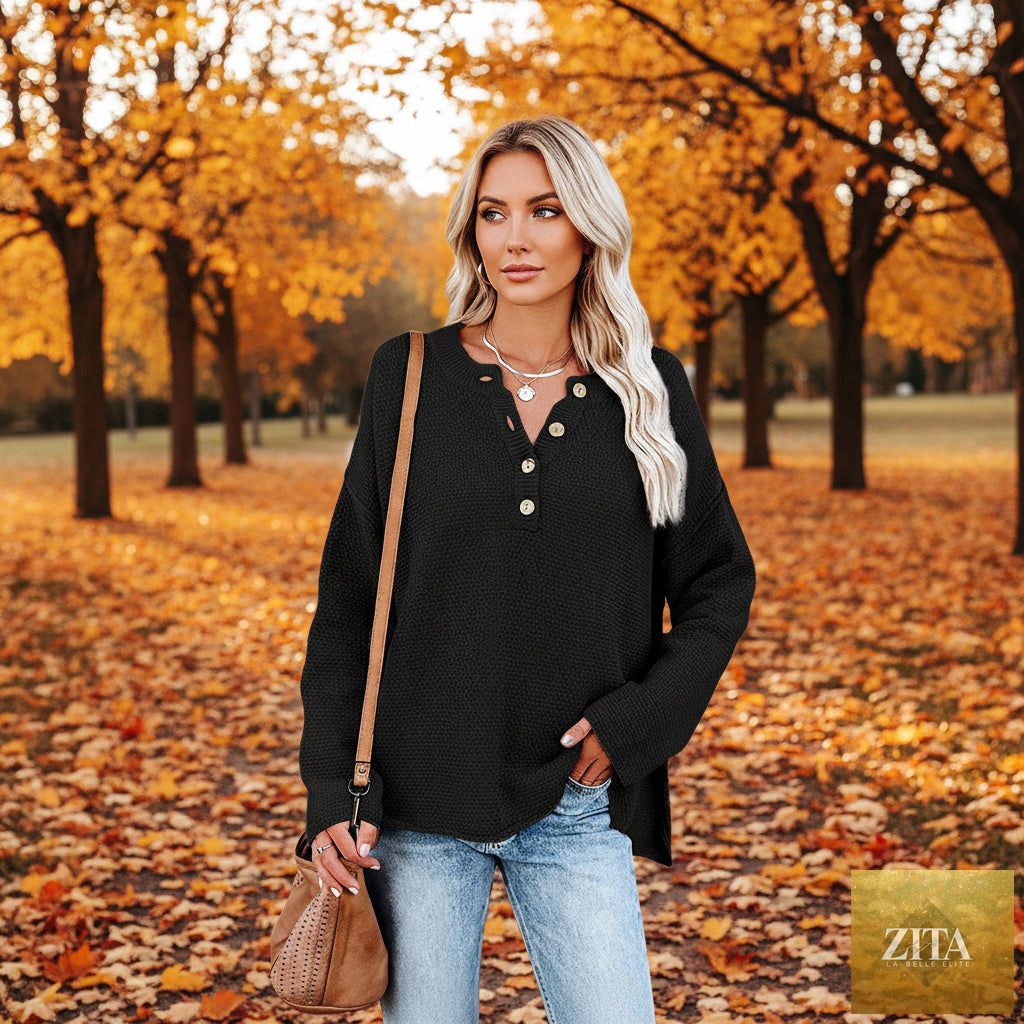 Zita La Belle Elite solid color V-neck pullover knit sweater with a relaxed distressed fit, casualwear for comfortable style.