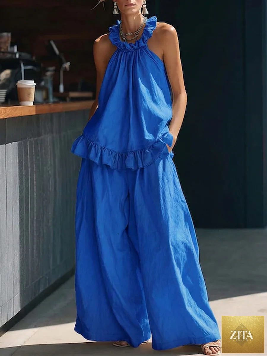Zita La Belle Elite halterneck loose two-piece casualwear set with pleated asymmetric pockets, featuring a stylish and relaxed design.