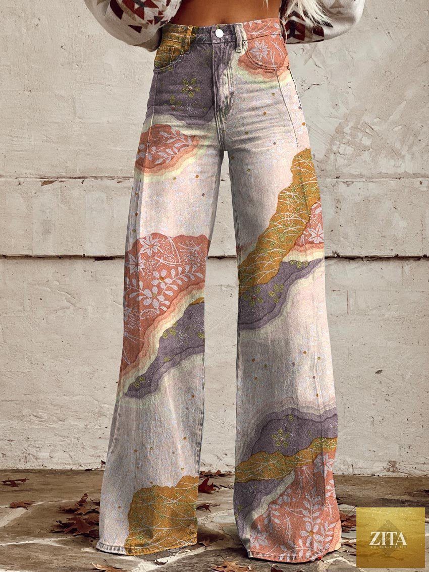 Women's printed flare pants by Zita La Belle Elite, mid-waist, full-length casualwear in plus size with vibrant pattern.