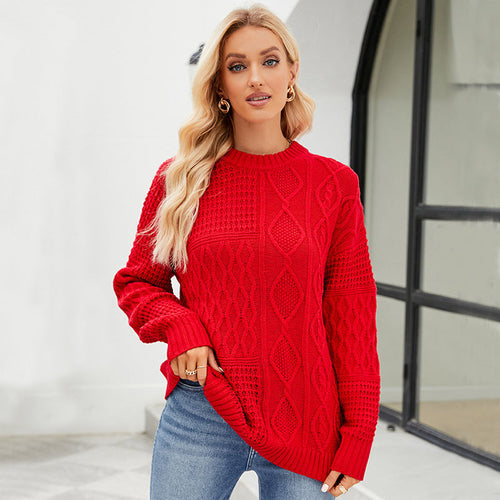 Casual Round-neck Pullover Sweater Fall Winter Solid Color Cable-knot Crimson Medea
