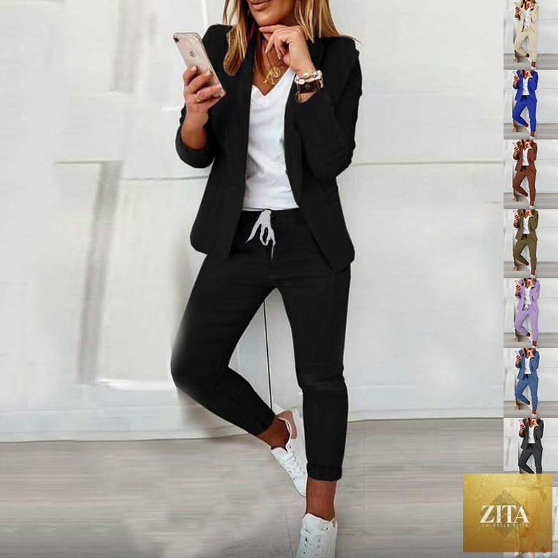 FitiqueFit two-piece lapel blazer and drawstring trousers OL suit in various colors, featuring tailored fit and versatile style.