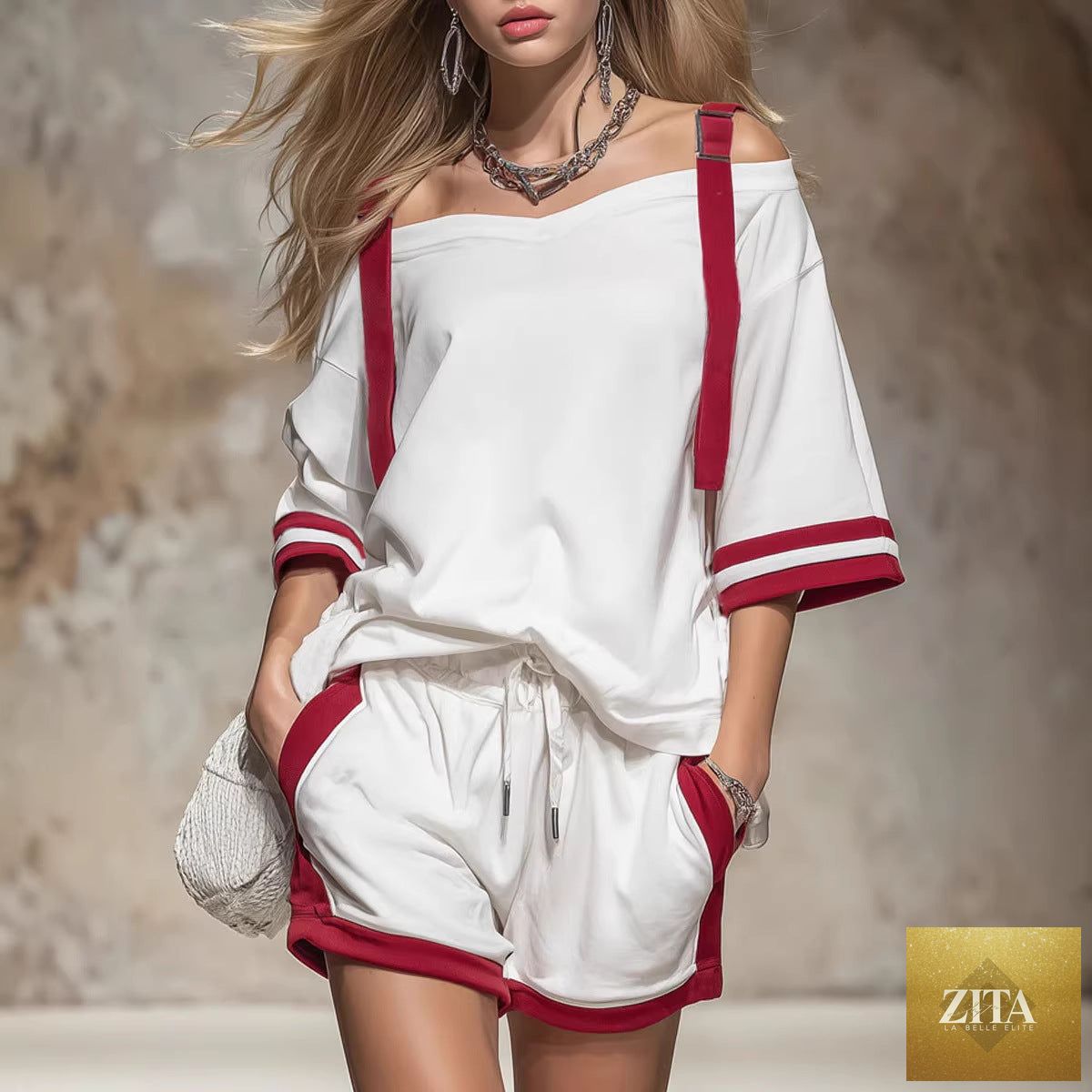 Women's summer contrast color-block patchwork shorts set by Zita La Belle Elite, featuring a casual two-piece outfit with vibrant design.