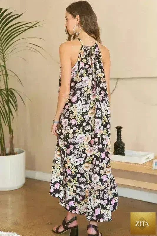 Femstylo ADORA floral Grecian midi dress for women, featuring polyester fabric and elegant design, shown in this image.