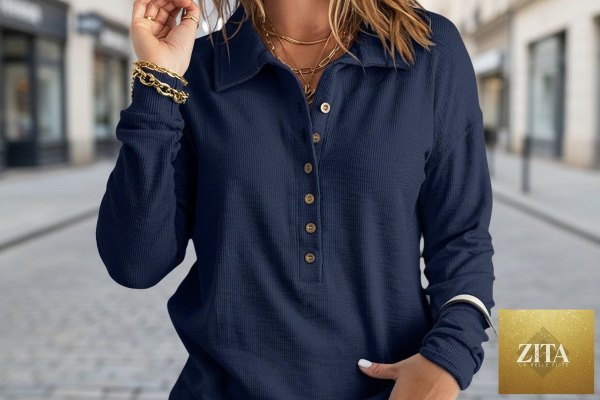Women's loose fit long sleeve knit top with button details from Zita La Belle Elite, casualwear in various sizes.