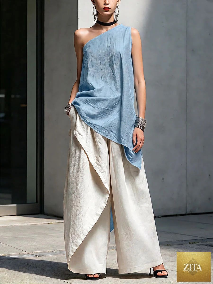 Women's one-shoulder asymmetric sleeveless top by Zita La Belle Elite, stylish top with unique design and fitted silhouette.