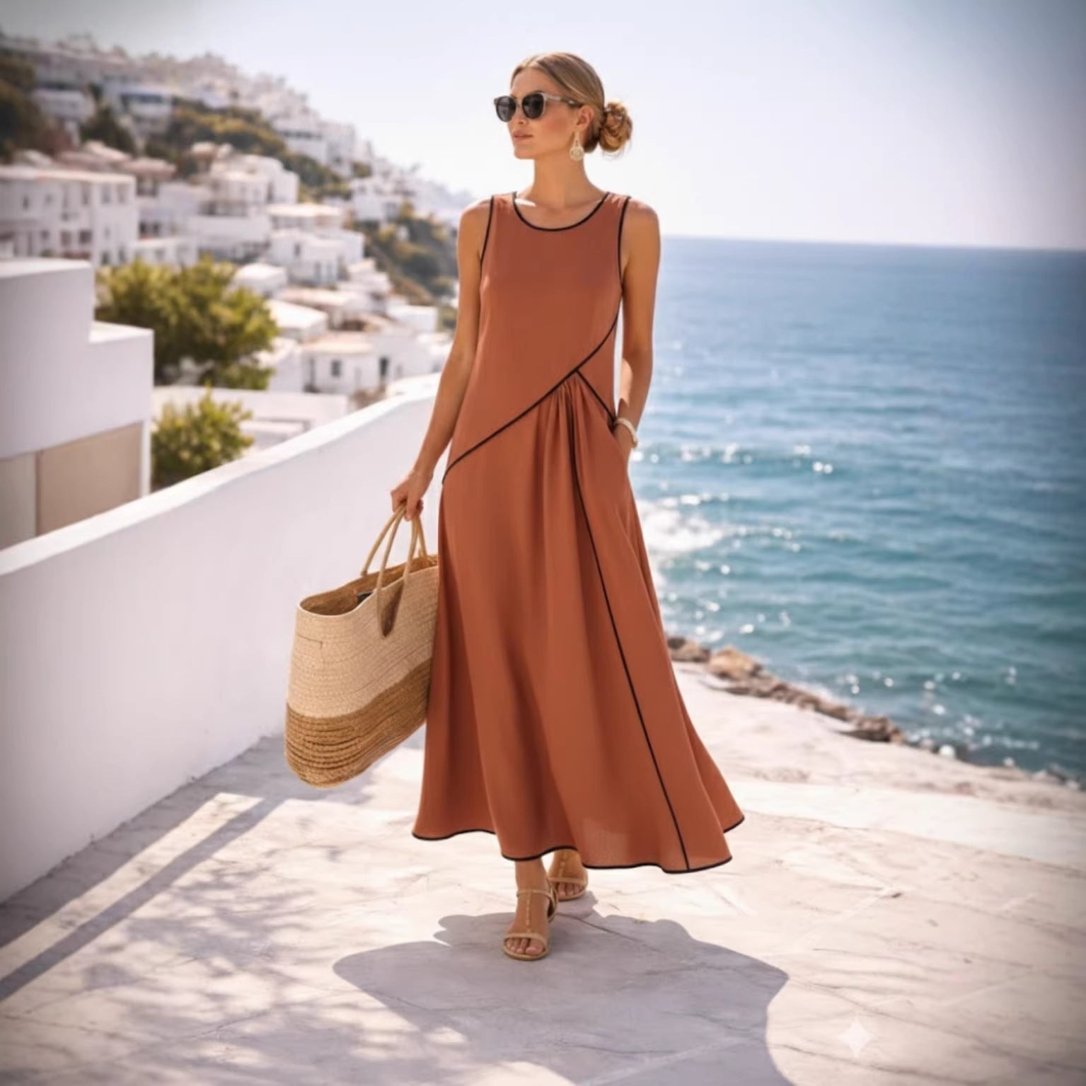 Mediterranean Contrast Color Vacation Dress by FitiqueFit in various colors, casualwear, size S–3XL, front view showing vibrant design.