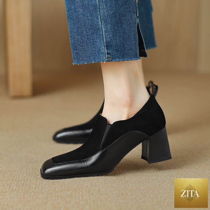Women's retro cowhide slip-on pumps with square toe and chunky heel by FitiqueFit, showcasing classic design and textured leather.