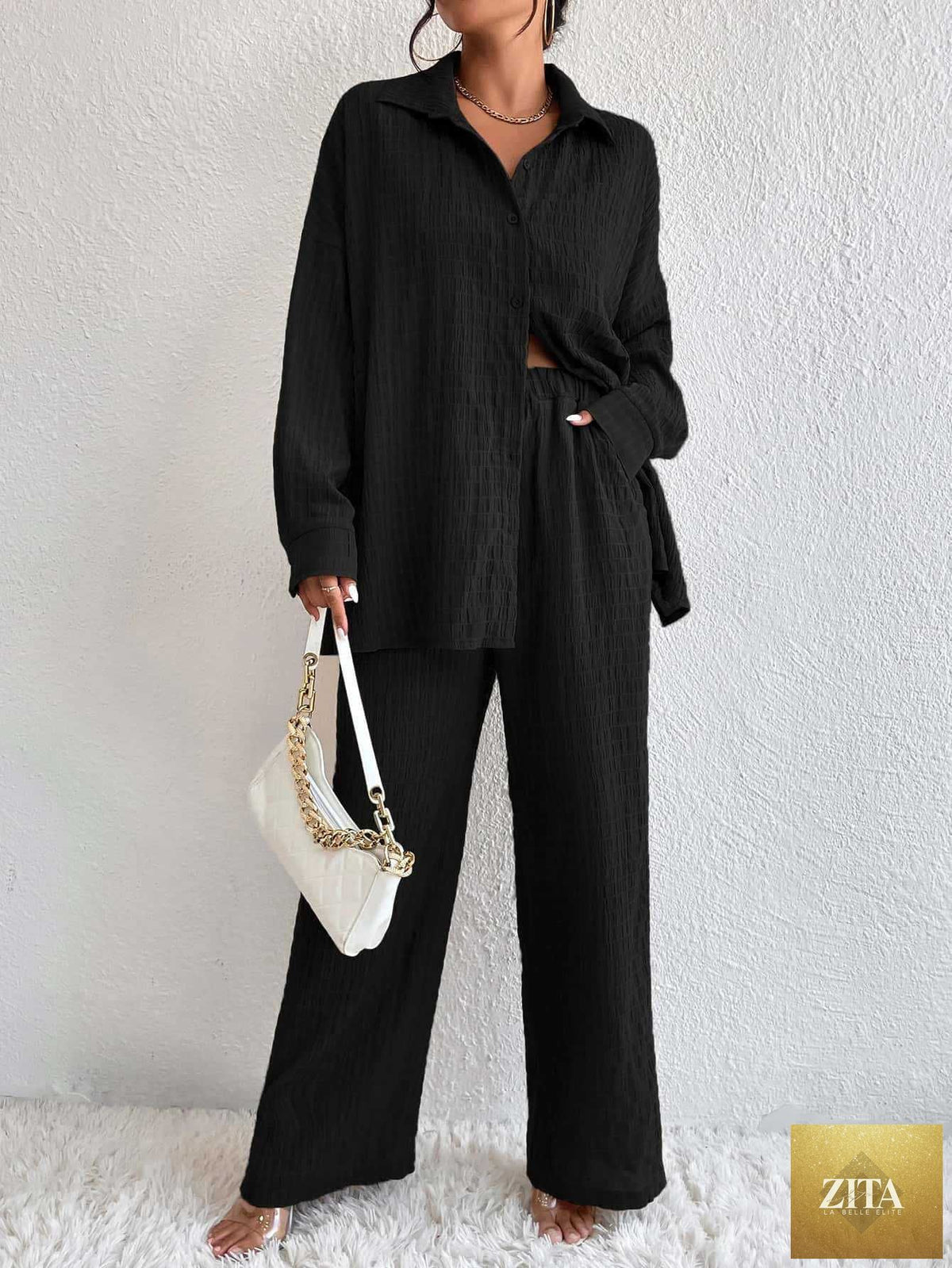 Zita La Belle Elite women's casual pleated two-piece set with loose long sleeve top and matching pants, in a stylish lapel design.