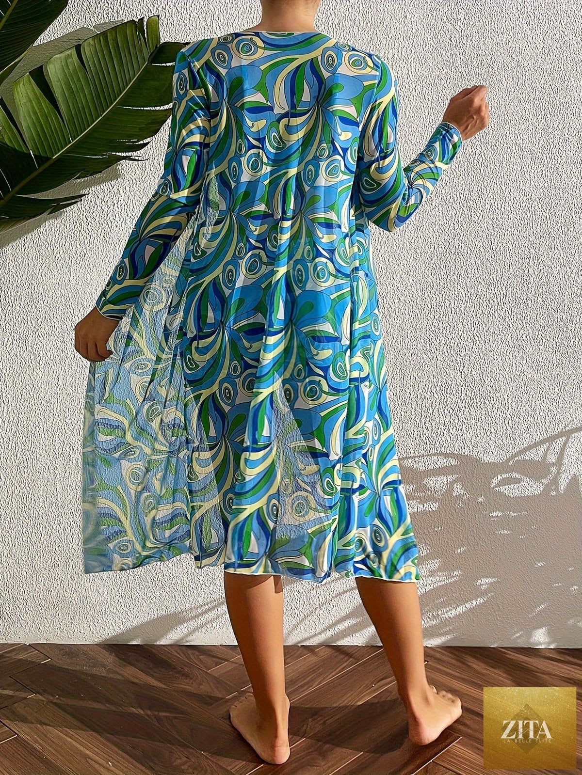 Stevvex Luxe Lines 3-piece geometric bikini set with high rise drawstring bikini, boxer shorts, and sheer long sleeve kimono cover-up.