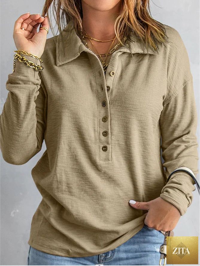 Zita La Belle Elite women's loose fit long sleeve knit top with button details, casualwear fashion in size S to 5XL.