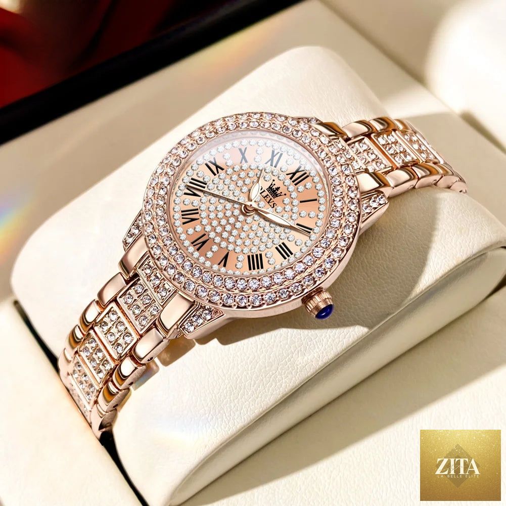 Elegant women's rose gold crystal Roman numeral watch by BandsCo Straps with a stylish, sophisticated design.