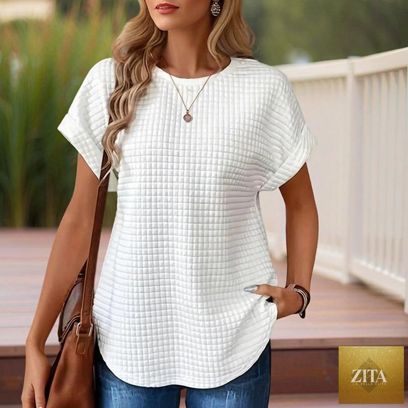 Women's textured cuff short-sleeve tee from FitiqueFit, casualwear with a relaxed fit and stylish textured fabric.