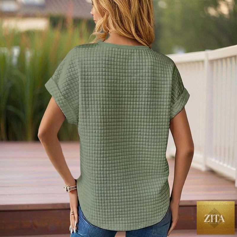 Women’s textured cuff short-sleeve tee by FitiqueFit, shown in a casualwear style with a relaxed fit and textured fabric.