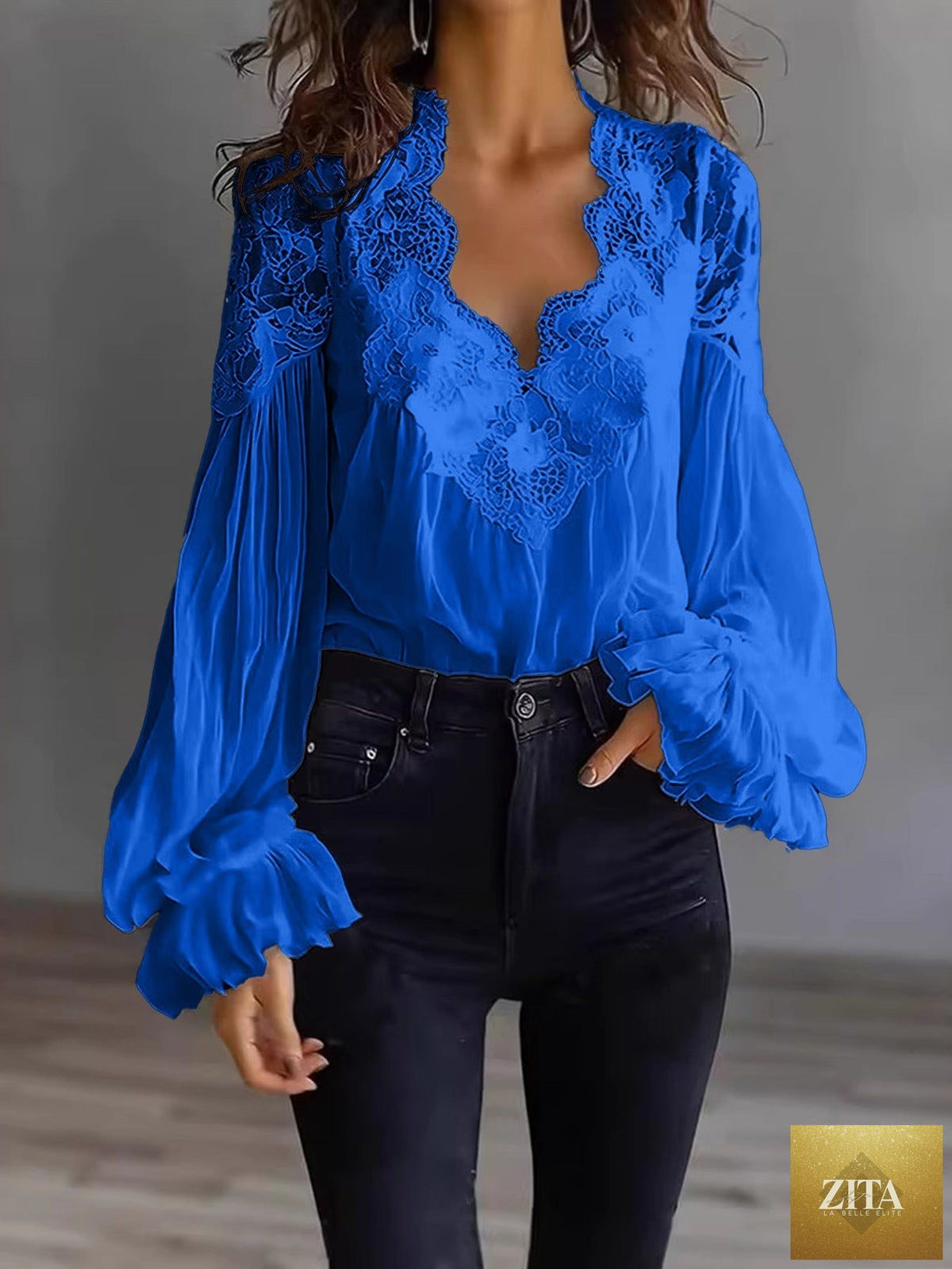 FitiqueFit lace-panel puff sleeve pleated ruffle ballet-style shirt, shown with intricate lace details and elegant puff sleeves.