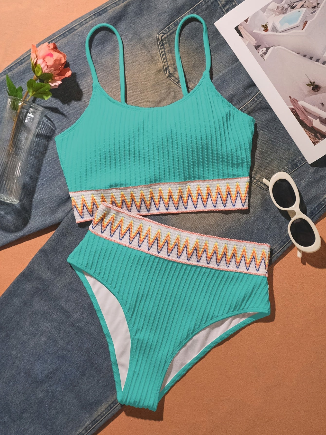 Stevvex bikini set with scoop neck, high waist, solid color with contrast band, stretchy and flattering for beach or pool.