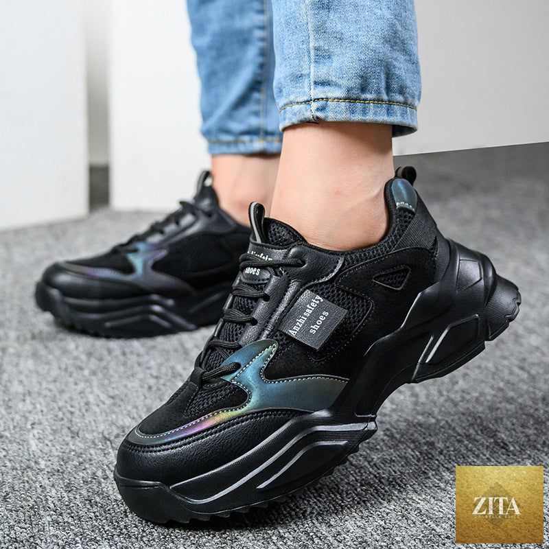 Women's lightweight breathable anti-smash safety sneakers by FitiqueFit, showing the durable footwear designed for work safety.