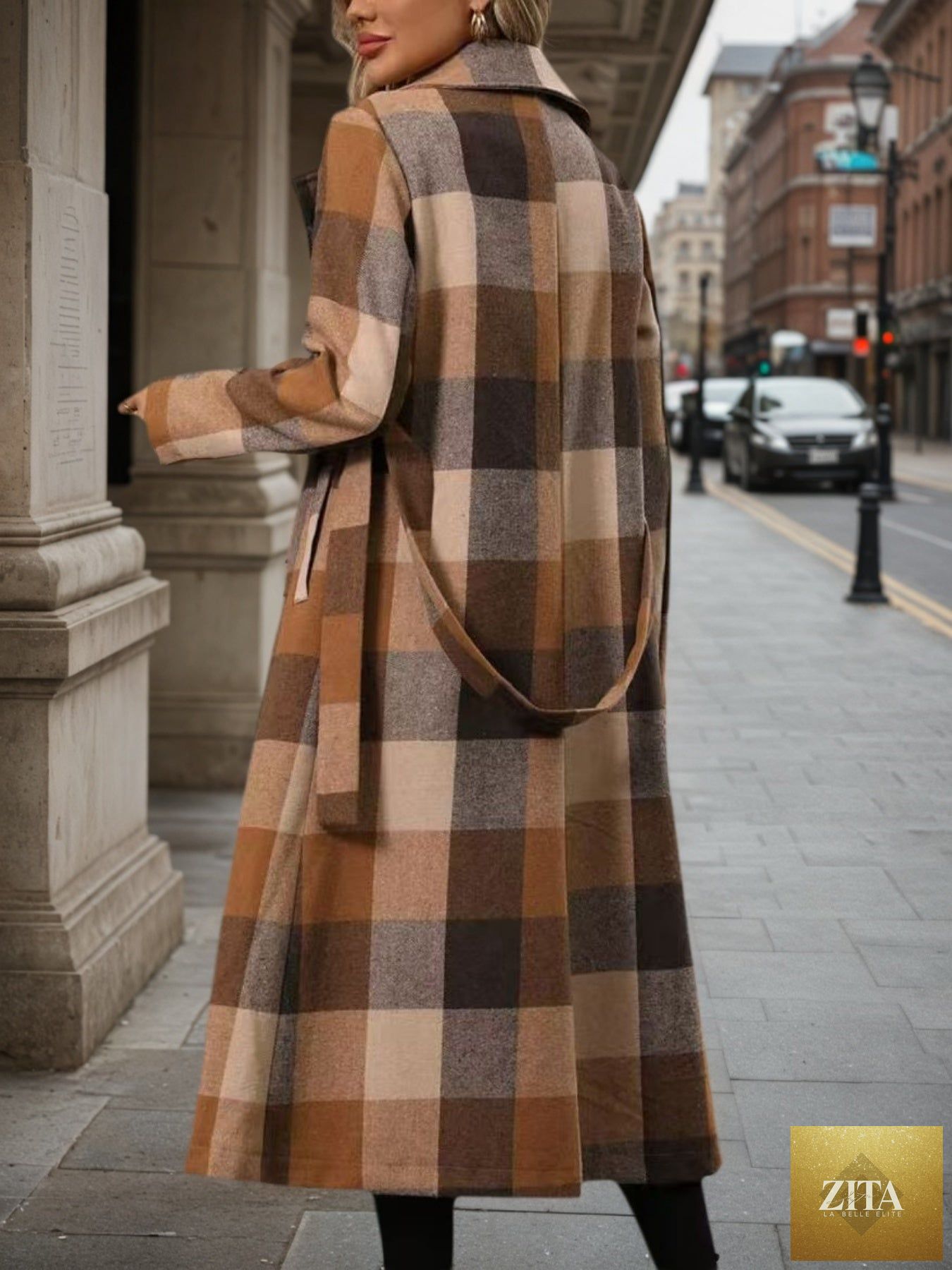 Women’s FitiqueFit woolen double-breasted coat with lapel, lace-up long windbreaker style, shown on a model.