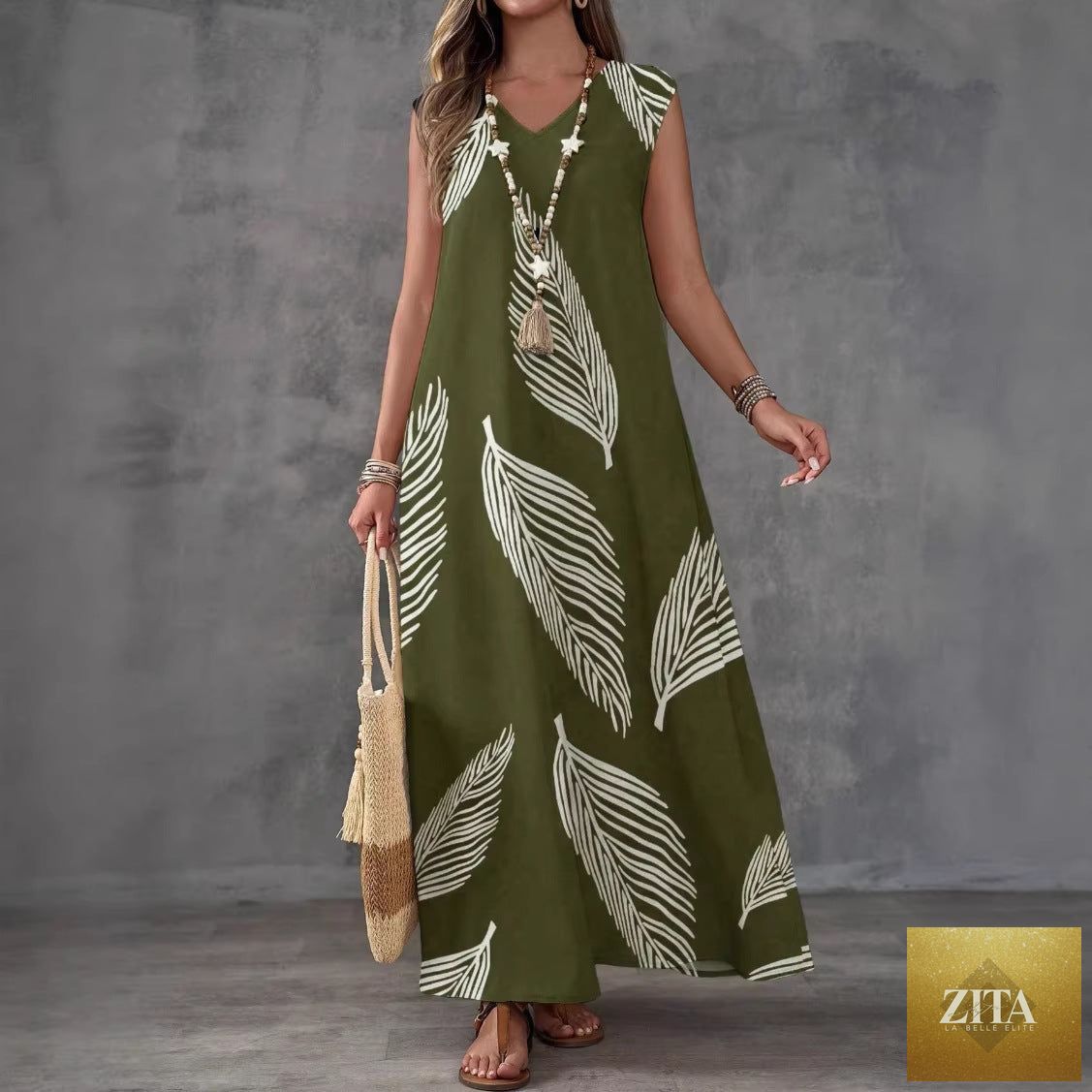 Printed V-neck sleeveless high-waist maxi dress by FitiqueFit in three colors, featuring a flowy silhouette and stylish design.