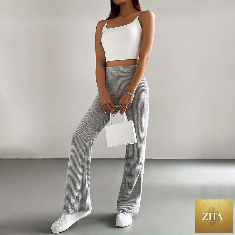 Solid rib-knit pull-on jogger pants for women by FitiqueFit, featuring a relaxed fit and casual style.