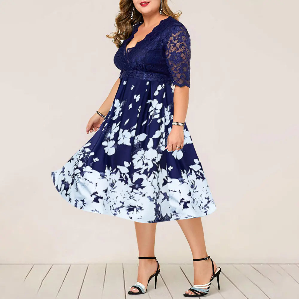 Plus size elegant blue lace summer evening dress for women, featuring intricate lace details and a flowing design.