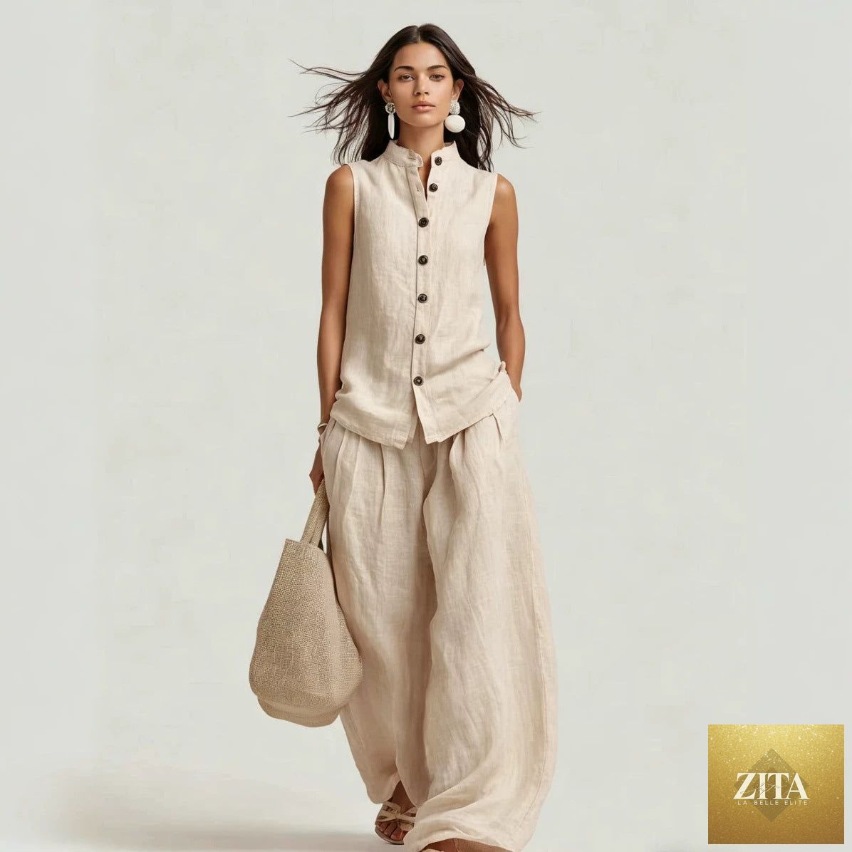 Zita La Belle Elite women's sleeveless top with stand collar and high-waist wide-leg pants set, casualwear outfit.