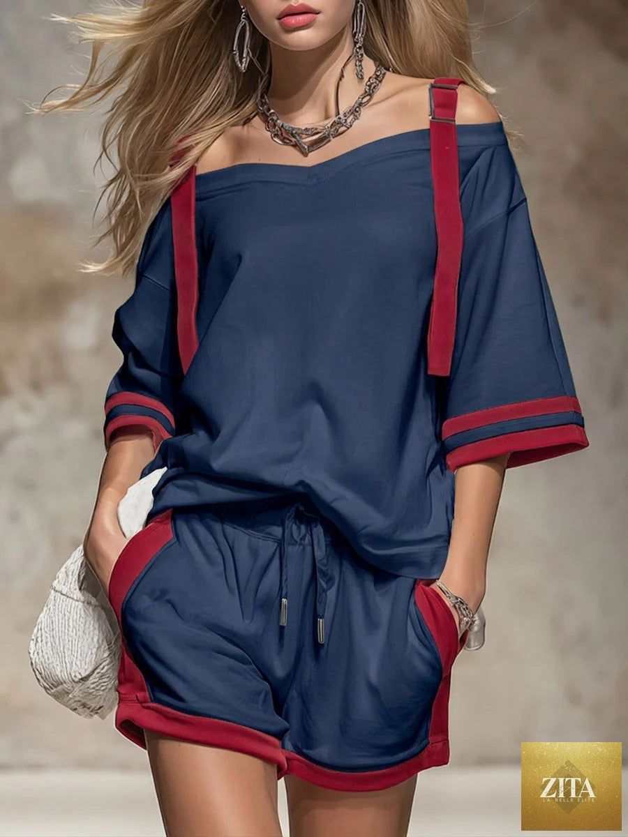 Women's Summer Contrast Color-Block Patchwork Shorts Set by Zita La Belle Elite, featuring casual two-piece outfit with vibrant color blocking.