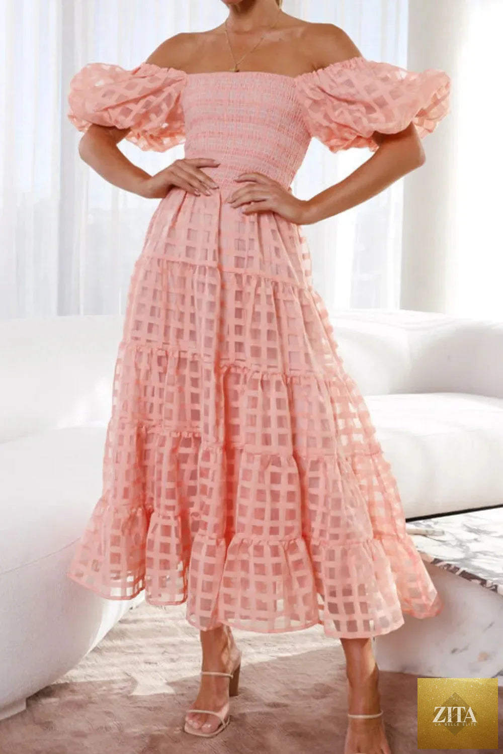 Off shoulder short puff sleeve midi dress from Shopiebay, shown in a stylish design with a fitted bodice and flowing skirt.