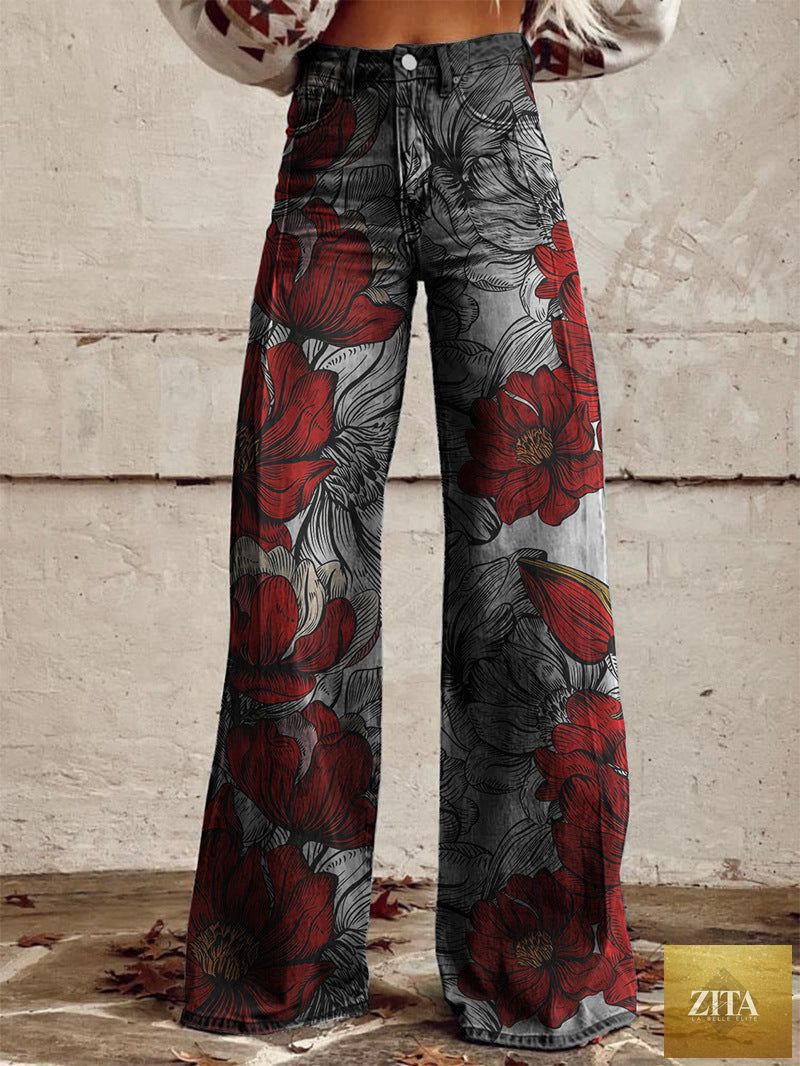Women’s printed flare pants by Zita La Belle Elite, mid-waist, full-length casualwear in plus size, featuring vibrant floral print.