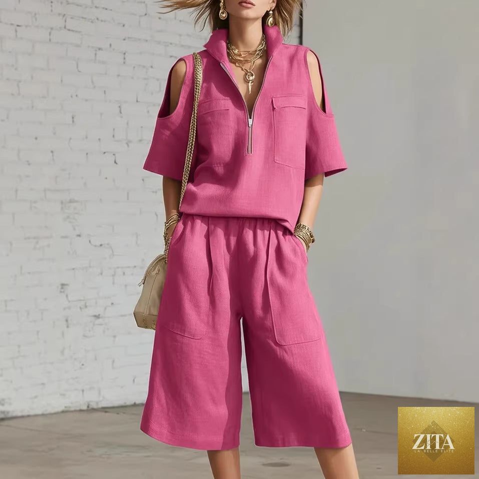 MERIDGE short-sleeve shirt and loose shorts two-piece set, casual summer outfit with lightweight fabric and relaxed fit.