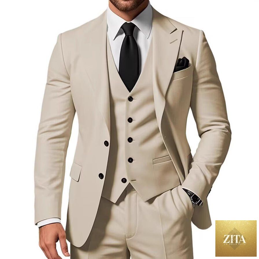 Mandotos men's three-piece business suit featuring a jacket, vest, and trousers in classic style, suitable for formal occasions.