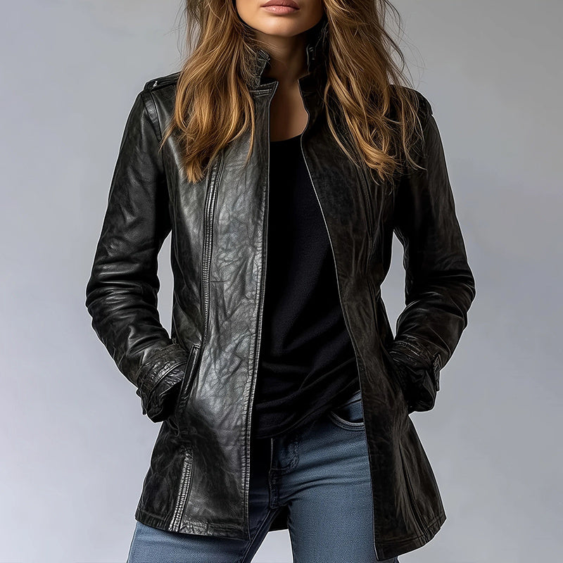 Vintage style PU jacket by FitiqueFit, mid-length open leather cardigan with pockets, stylish and versatile women's coat.