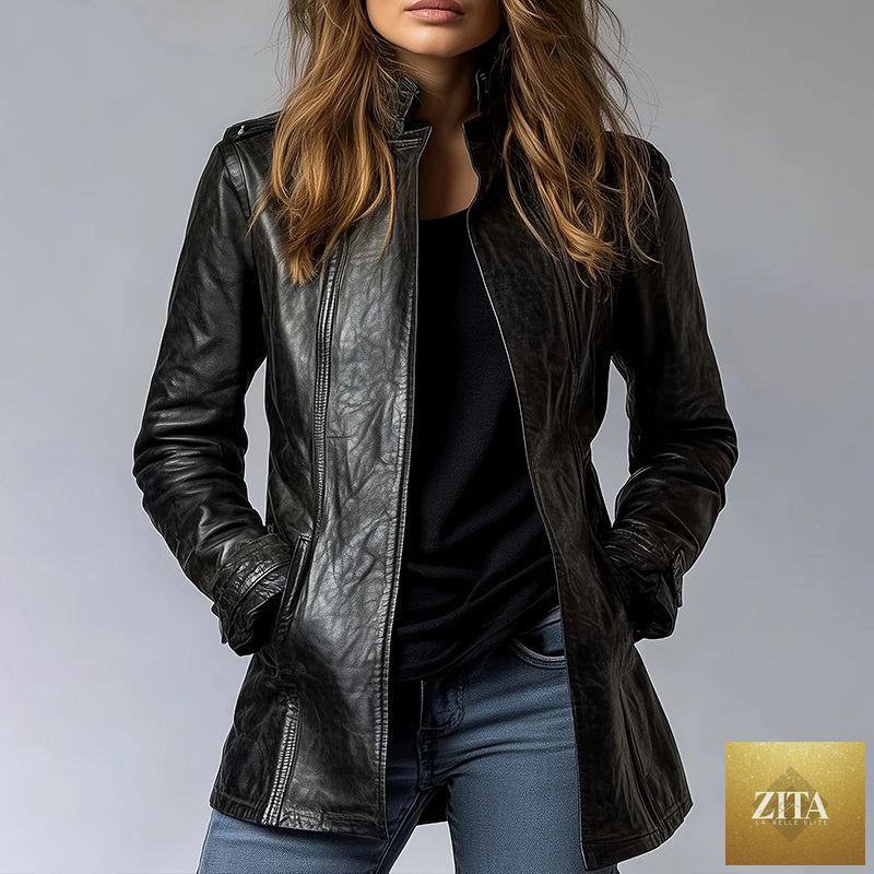 Vintage Style PU jacket by FitiqueFit, mid-length open leather cardigan coat with pockets, perfect for casual or retro outfits.