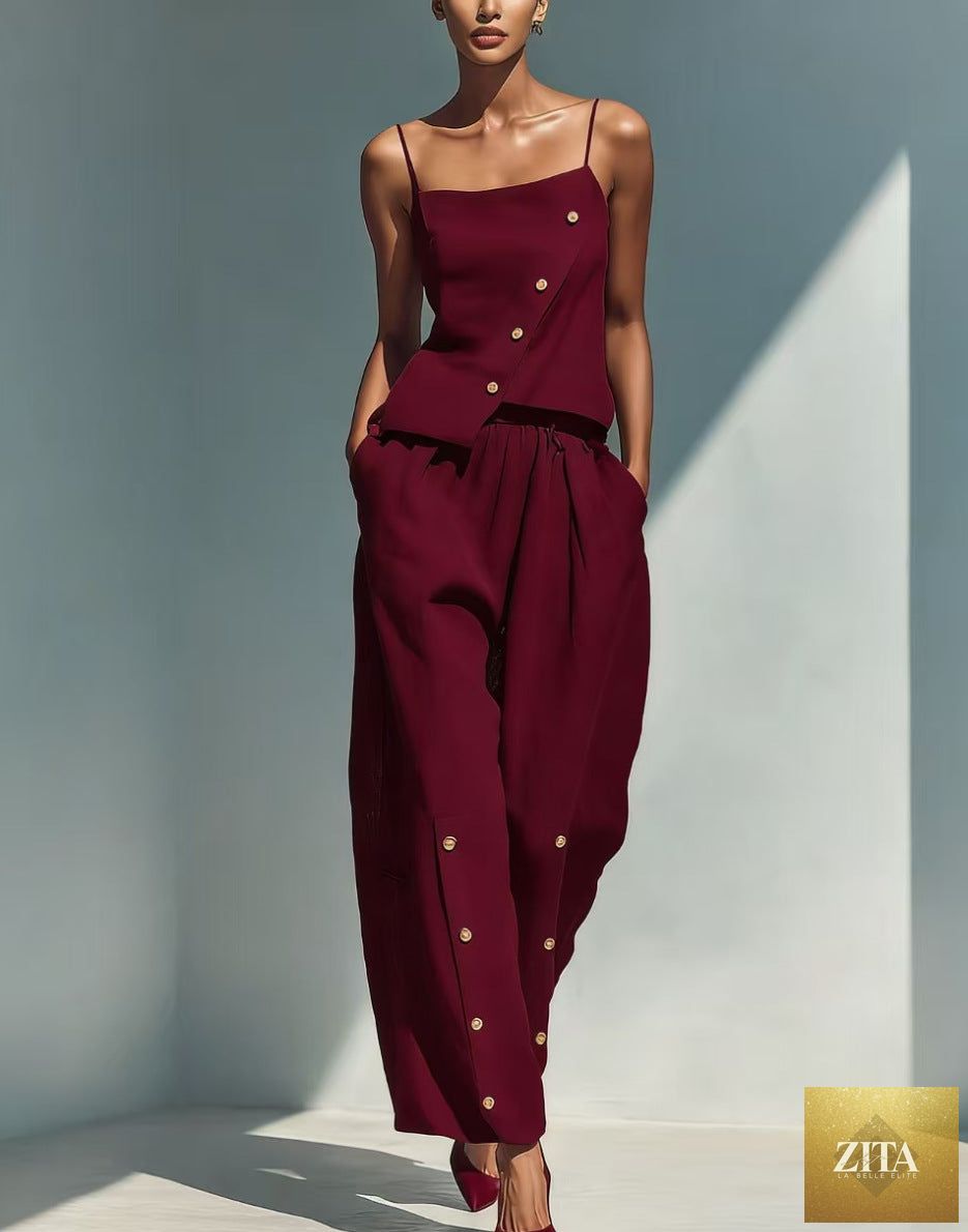 Women's gold-buckle camisole and pants two-piece casualwear set by Zita La Belle Elite, featuring a stylish matching top and bottoms.