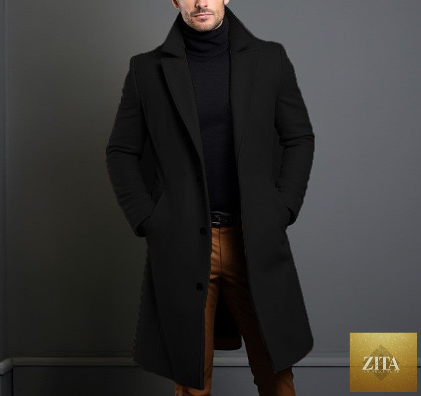 Men's mid-length trench coat by Social Buzz eSIMs, fall winter slim-fit overcoat with collar, pockets, and single-breasted design.