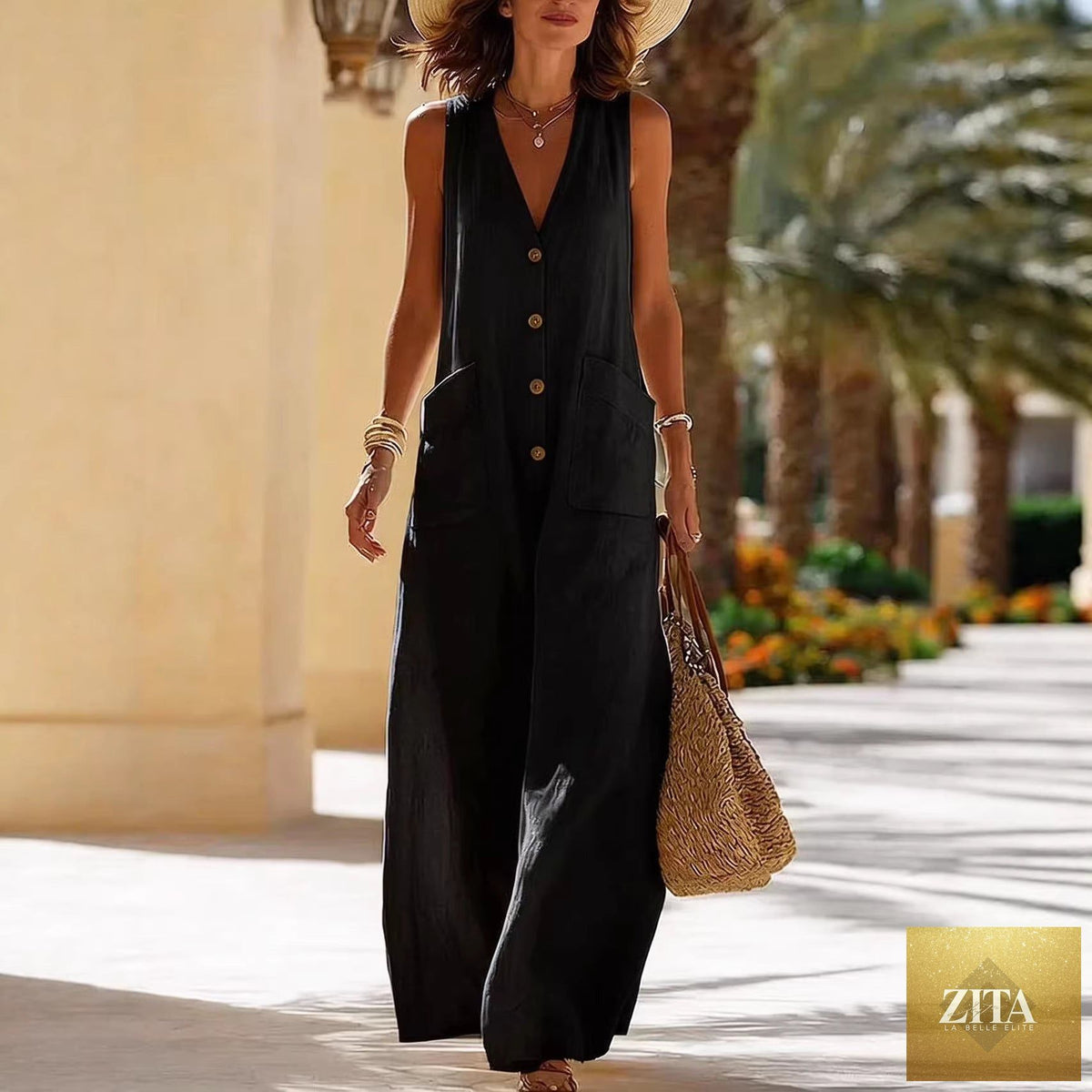 Women's sleeveless cotton-linen wide-leg jumpsuit with button pockets, casualwear by FitiqueFit, shown in a relaxed fit style.