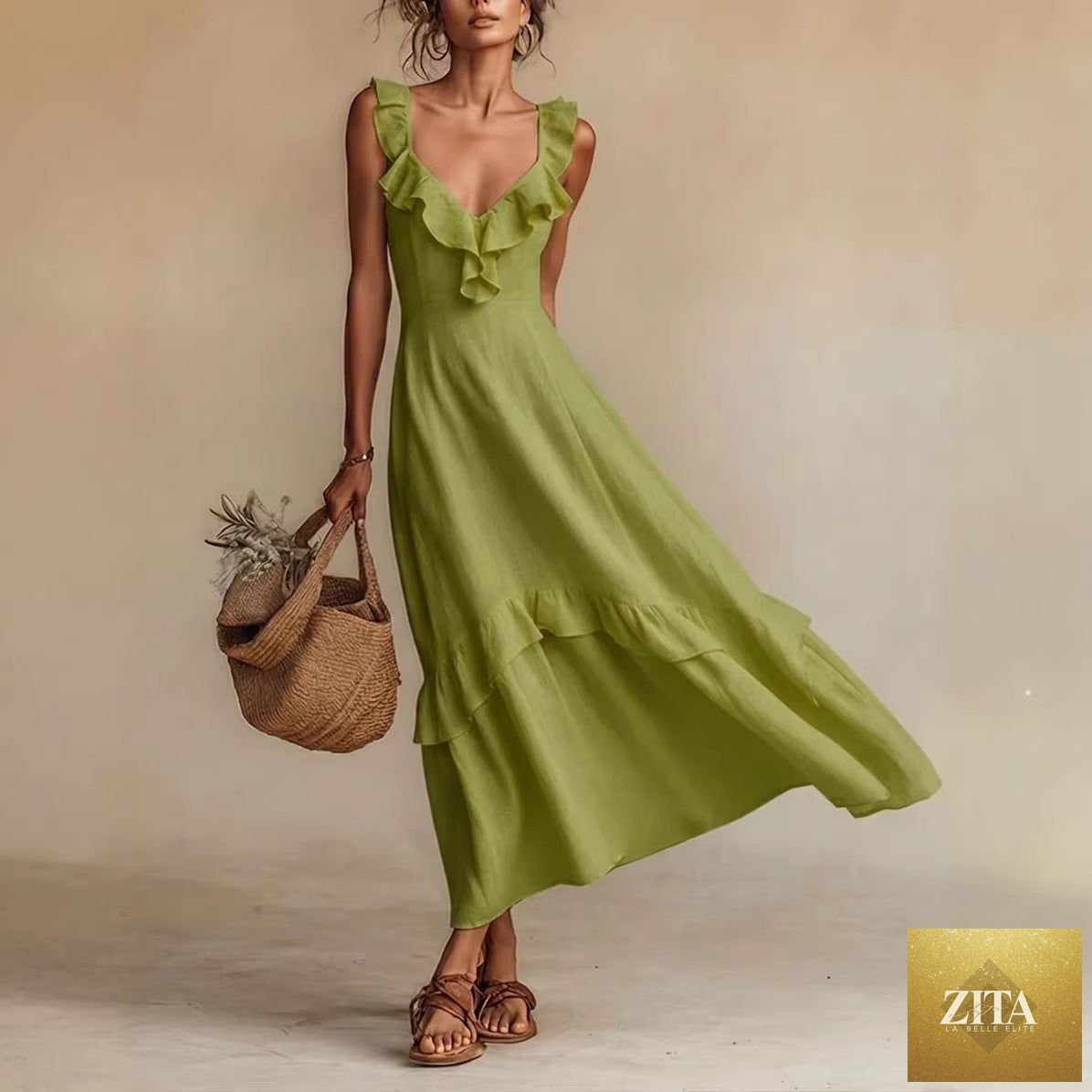 Sleeveless ruffle detail high-waist maxi dress by FitiqueFit in multiple colors, shown in a casualwear style with flowing fabric.