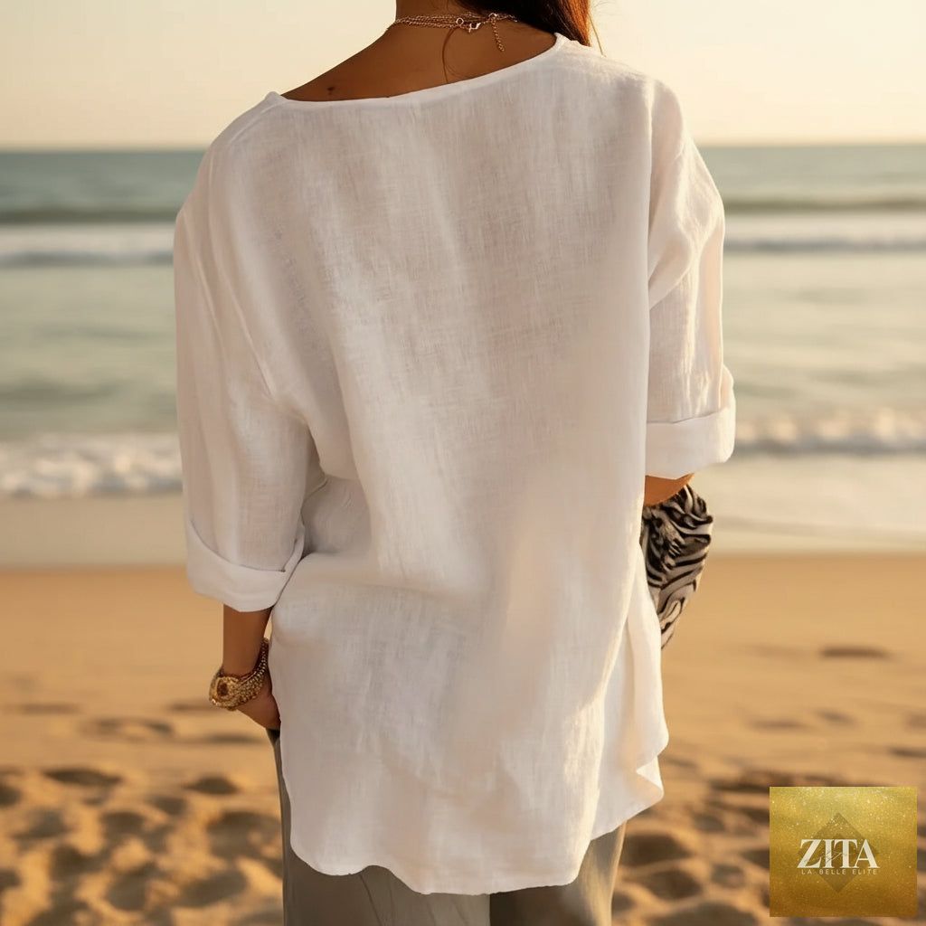 Women's V-neck long-sleeve casual blouse by Zita La Belle Elite, loose fit button top in soft fabric, shown on a model.