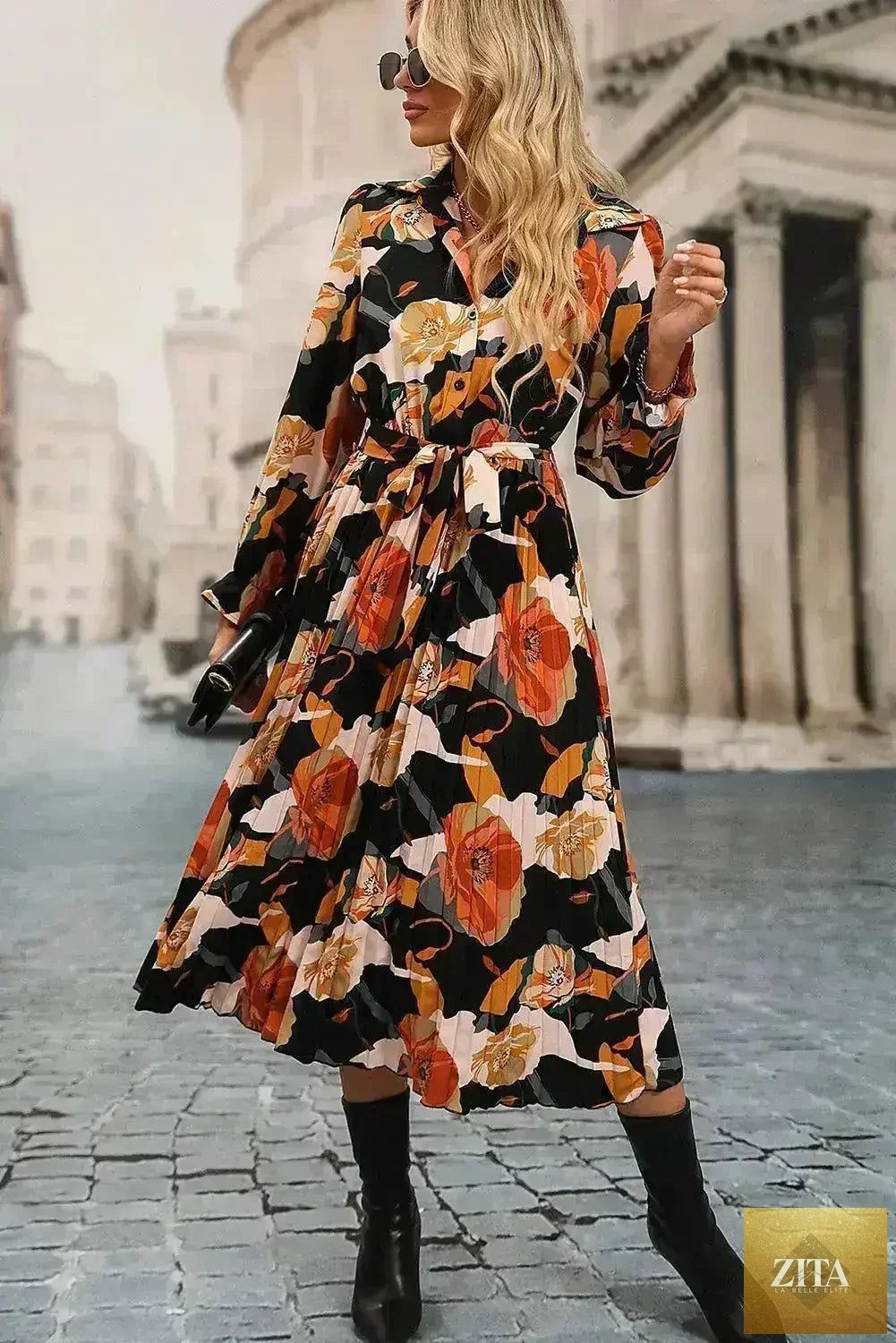 Femstylo floral pleated shirt dress with waist tie, midi length, lightweight women's clothing perfect for casual or dressy occasions.