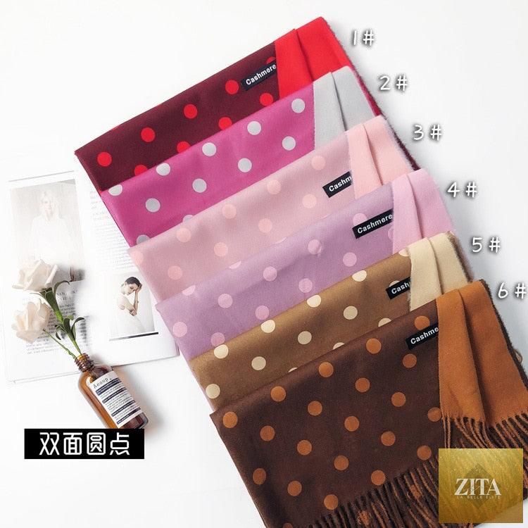 Elegant Stevvex cashmere hijab scarf with dot pattern, tassels, and soft, thick wool blend for autumn and winter warmth.