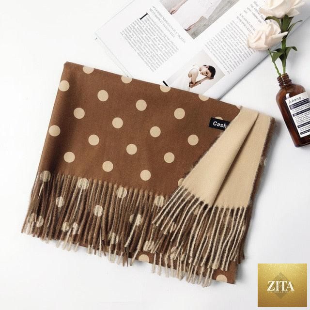 Stevvex long cashmere hijab or scarf with dot pattern, tassels, and soft wool texture, ideal for autumn and winter warmth.
