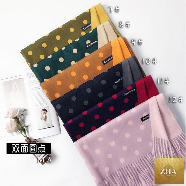 Elegant long Stevvex cashmere hijab scarf with dot pattern, tassels, and soft wool, perfect for autumn winter warmth and style.
