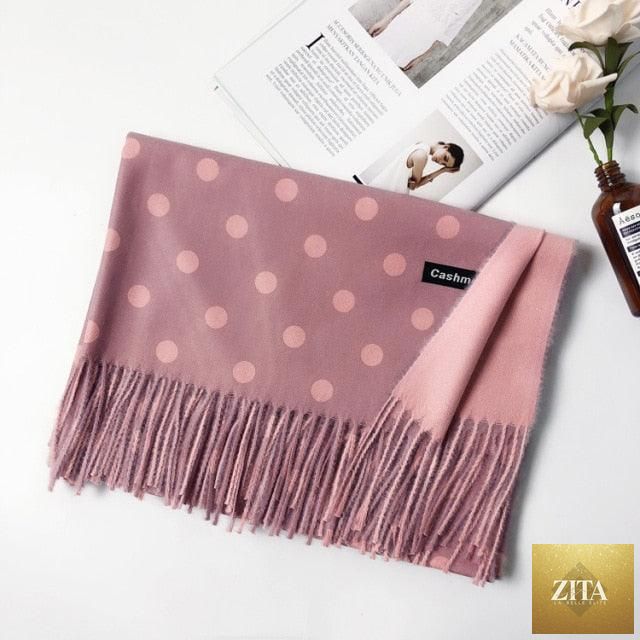 Stevvex long soft cashmere hijab scarf with dot pattern, tassels, and elegant thick design for women in autumn-winter fashion.