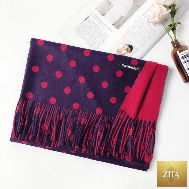 Elegant Stevvex cashmere hijab scarf with dot pattern, tassels, and soft wool texture, perfect for autumn and winter warmth.