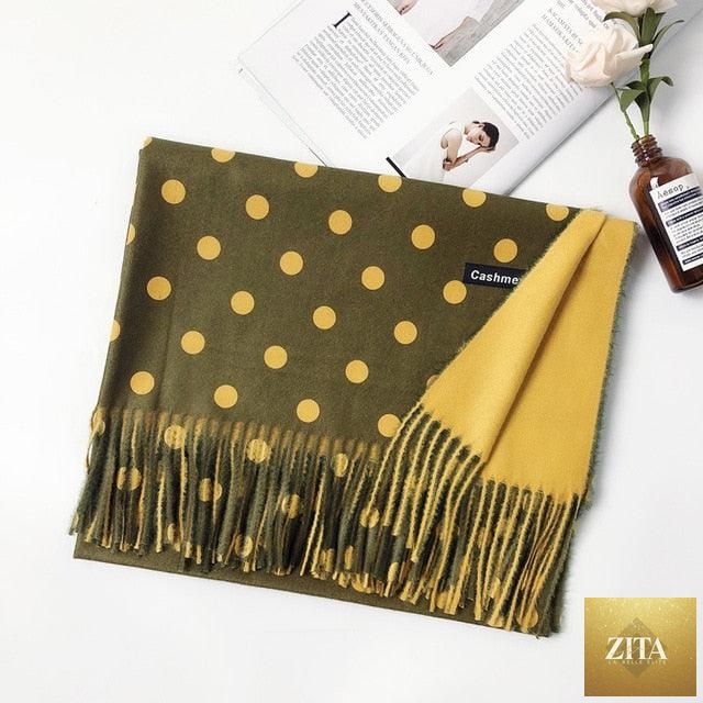 Elegant Stevvex cashmere hijab scarf with dot pattern, tassels, and soft wool texture, perfect for autumn winter warmth.