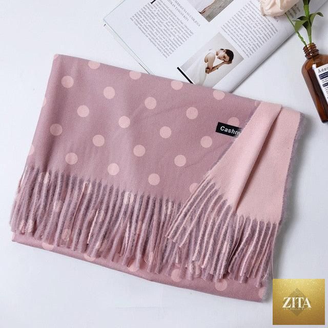 Stevvex cashmere hijab scarf for women, long soft wool with dot pattern, tassels, and elegant thick wrap design for autumn winter.