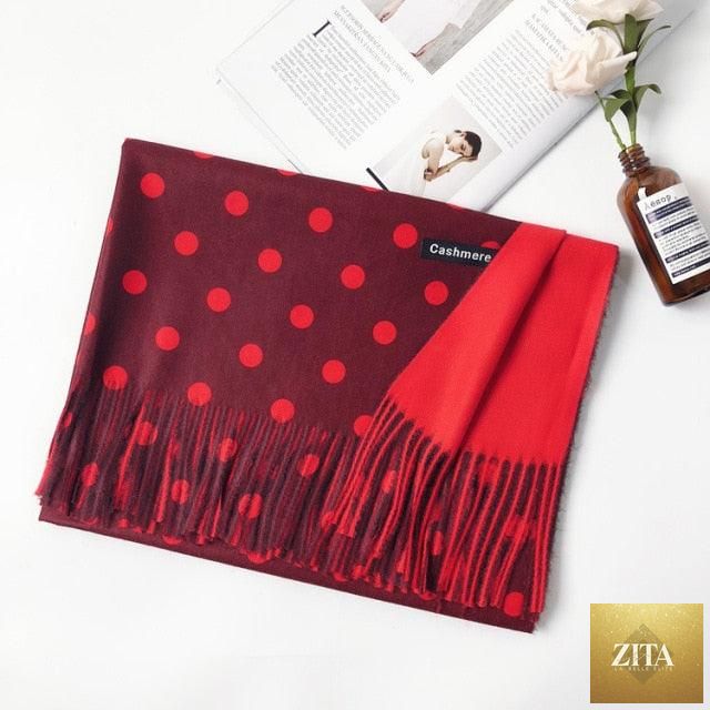Stevvex cashmere hijab scarf featuring dot pattern, tassels, soft wool and warm winter design for women.
