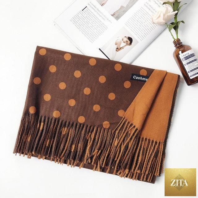 Stevvex long soft cashmere hijab scarf with dot pattern, tassels, and elegant thick wrap design for women in autumn and winter.